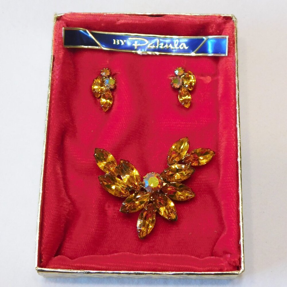 Vintage - New Pakula Gold Rhinestone Brooch & Earring Set